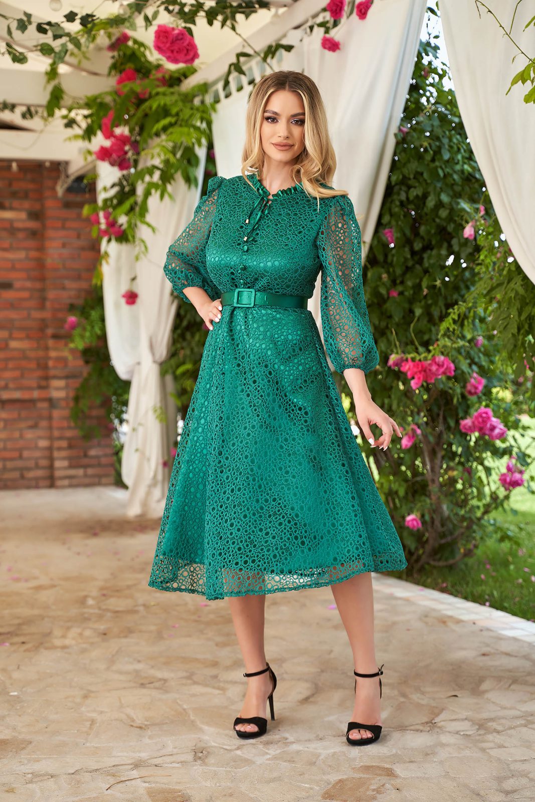 Rochie eleganta verde midi in clos din - Smart Shopping Online